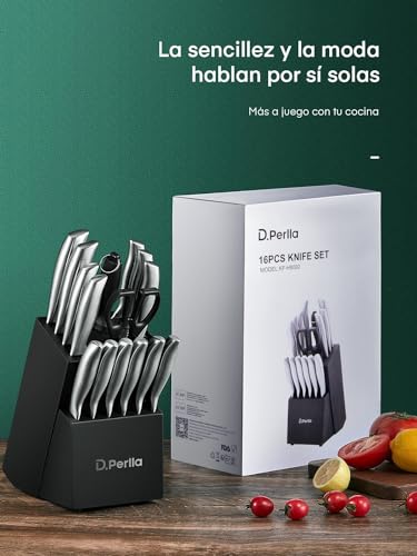 D.Perlla Juego de Cuchillos de Cocina 16 Piezas, Forjado en Acero Inoxidable Alemán X50Cr15, Set Cuchillos Cocina Profesional, Portacuchillos de Madera, color negro - imagen 7