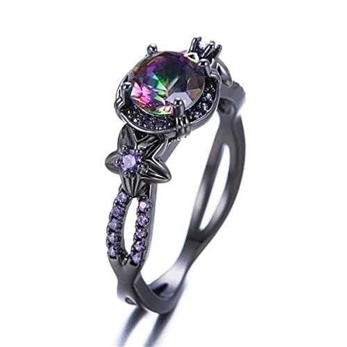 Gothic Black Retro Rings for Women Mystic Rainbow Topaz with Created Amethyst Flower Wedding Engagement Ring Gothic Black Gold CZ Amethyst Ring2