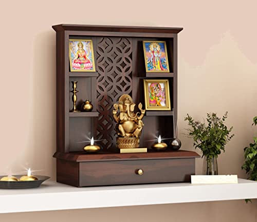 Image of Solid Sheesham Wood Temple for Home & Office /Mandir /God Stand /Pooja Stand /Home Mandap /Mandapam with Cabinet Doors & Multiple Storage /Shelf with Drawers (Walnut3, 20x15x28 inch)
