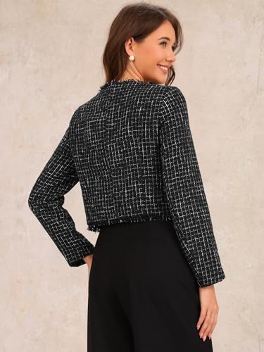 Allegra K Plaid Tweed Jacket for Women's Crew Neck Cropped Button Up Elegant Work Jackets3