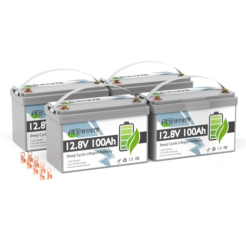 TCBWORTH Batterie Lithium 12V 100Ah, Batterie LiFePO4 Rechargeable avec BMS 100A, 8000+ Cycles, pour Camping Car, Système Off-Grid, Bateau, Caravane, Solaire, 4 Pack