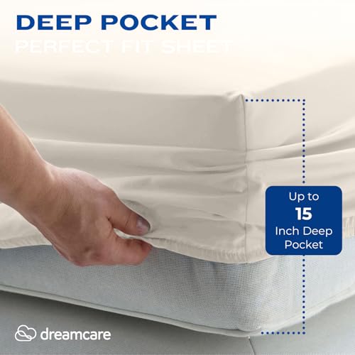 Image of DREAMCARE Queen Sheet Set - 4 pcs Breathable Cooling Sheets - up to 15 inch Deep Pocket Queen Sheets Set with Side Pockets - Extra Soft 100% Brushed Hypoallergenic Hotel Luxury Bedding - Ivory