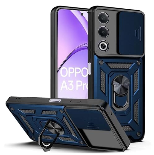 Image of SPAZY CASE Oppo A3 Pro 5G Back Case | Heavy Duty Hybrid Case with 360 Degree Rotating Finger Ring Holder + Slider Shutter Camera Protection Cover for Oppo A3 Pro 5G 5G - Blue