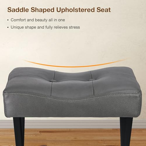 Image of Memobarco 18-Inch Leather Vanity Stool Chair, Vanity Bench with Metal X-Leg, Ottoman Accent Stool with Thick Padded Saddle Seat, Gray