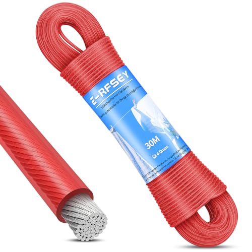 30M Corde à Linge, Corde à Linge en Acier, capacité de Charge 220 kg, Corde à Linge d'extérieur(diamètre 4 mm, Rouge)