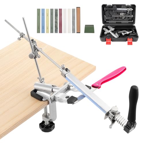 Gueenky Affilacoltelli Manuale Professionale, Sistema di Affilatura Coltelli ad Preciso Angolo Fisso Girevole a 360°, Affilatore per Coltelli e Forbici con 9 Pietre Affilatura Coltelli