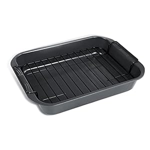 kitCom Bakeware Nonstick Roaster, Nonstick Roasting Pan with Rack, Great For Roast Chicken, Roasts And Turkeys – 15 Inch x 11 Inch (5.8 QT), Gray