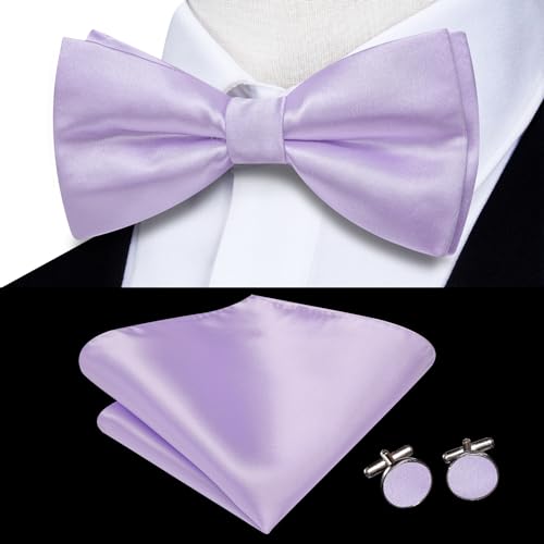 Image of Hi-Tie Pre-Tied Bowties for Men Silk Bow Ties and Pocket Square Cufflinks Set Mens Wedding Party Formal,Light Purple