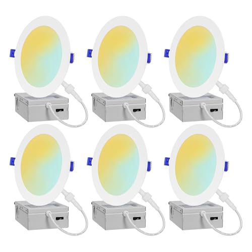 GLOWNOVA 6-Pack of 6-Inch Ultra-Slim LED Downlights with Junction Box, Adjustable Color Temperatures (2700K-5000K), 12W EQV to 110W, Dimmable, 1050LM Luminance - ETL and Energy Star Certified