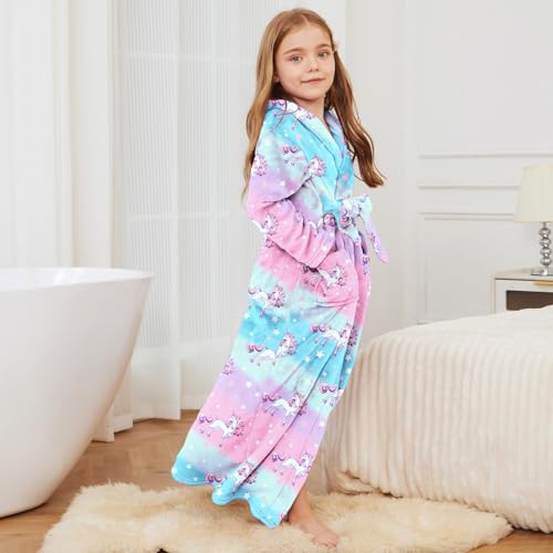 Image of Jxstar Girls Bathrobes Kids Long Hooded Robes Plush Full Length Coral Fleece Pajamas Sleepwear