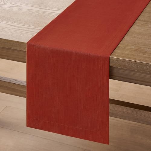 Image of ZeeMart Linen Textured Border Table Runner, 14 x 36 Inch Orange, Farmhouse Style Burnt Orange Fall Table Runners 36 Inches Long, Easy Care Everyday Polyester Table Runner
