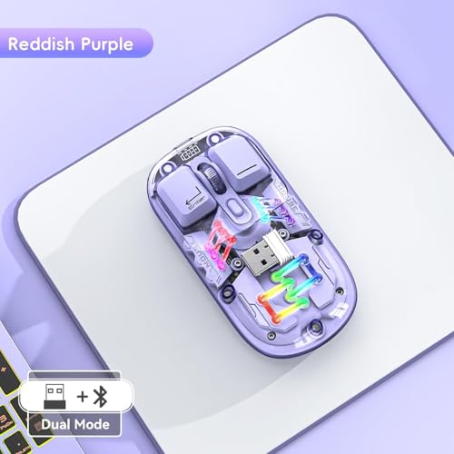Image of Wireless Transparent Mouse Dual-Mode 2.4GHz /BT5.0 Bluetooth Metal Roller Silent Rechargeable RGB with USB Receiver Power Indicator Light Mouse for PC,Laptop,Mobile,Tablet (Purple)