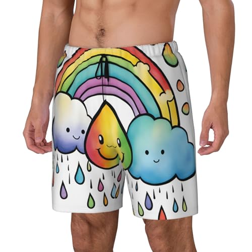 Rainbow Clouds Raindrop Men's Soft Double Swim Shorts, Lounge Swiming Shorts Pants Breathable Summer2