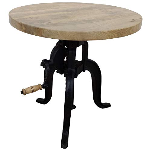 Beistelltisch rund Couchtisch mit Kurbel höhenverstellbar Holz - runder Wohnzimmertisch Massiv aus Mango-Holz - Industrial Style Tisch fürs Wohnzimmer - Gestell Metall Schwarz - B/T/H: 50x49-63x50 cm Cover