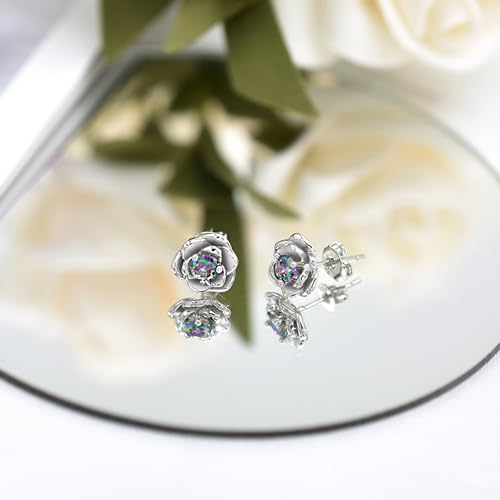 3D Rose Earrings For Women Girls Sterling Silver Cubic Zirconia Rose Flower Stud Earring Rainbow Multicolor Hypoallergenic Ear Jewelry Gifts For Girlfriend Mother Wife Birthday3