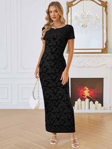 Caracilia Women's Wedding Guest Dress,Double Lined Soft Floral Mesh Maxi Dress,Short Sleeve Bodycon for Formal Cocktail Party Black Floral X-Large — view 6