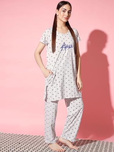 Image of Printed Round Neck Short Sleeve Nightsuit Set | Casual Night Dress for Women