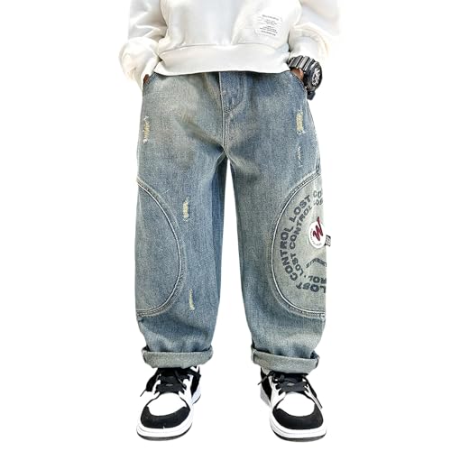 Tween Boys Ripped Jeans Elastic Waistband Straight Leg Denim Pants with Letter Graphic Printing for Boy Clothes2
