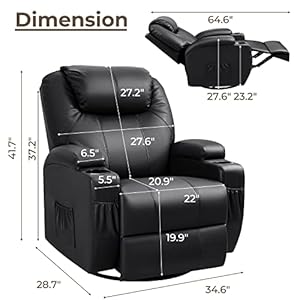 Furniwell rocker recliner chair with massage for elderly leather adjustable 360swivel rocking sofa for living room with remote control cup holders black  urban country home decor
