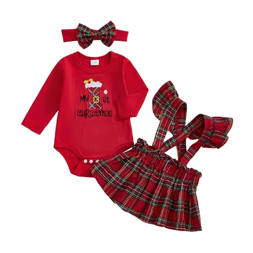 My 1st Christmas Baby Girl Outfits Letter Santa Hat Embroidery Romper Plaid Suspender Skirts Headband Set