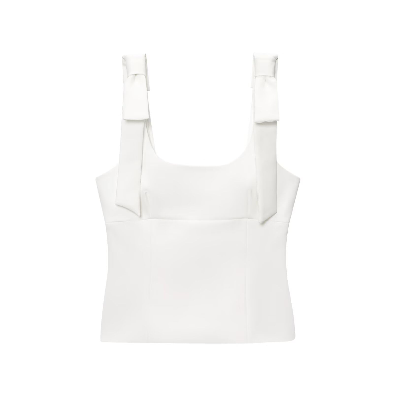 Women’s Bow Decorated Crop Top | Square Neck Sleeveless Stretch Top | Strap Style Slim Fit Women’s Clothing | White | S-image-22