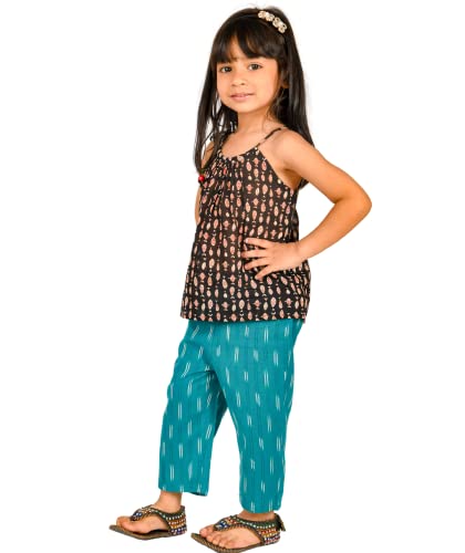 Image of Baby Girls Dresses Cotton Clothes Top Pant Set 1 To 4 Years Black Blue Birthday Party Outfit Children Fish Print Shoulder Tie Summer Wear