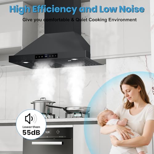 30 Inch Wall Mount Range Hood 1200CFM, 4-Speed Smart Wall Mount Range Hood with Touch Sensor & Remote, Dual LED Lights, Baffle Filters Ducted/Ductless Convertible Black Pro Series