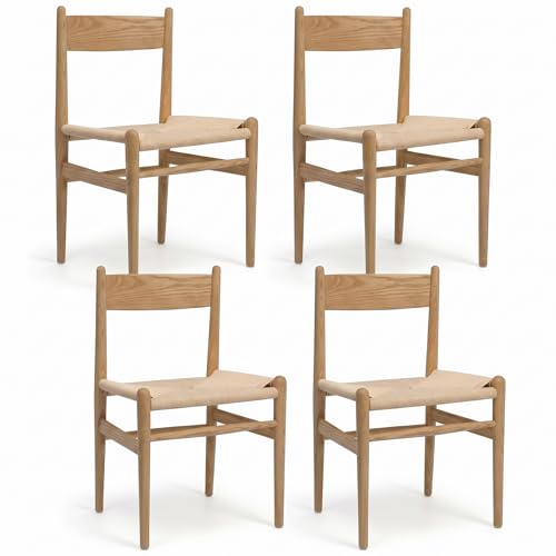 Image of Armless Dining Chairs Set of 4, 100% Solid Ash Wood with Woven Seat | Armless Space-saving, Curved Backrest, 300 LBS Support, Non-slip Pads, Fully Assembled, Wood Chairs for Kitchen, Living Room