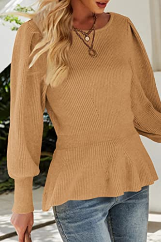 Image of Womens Fall Puff Sleeve Peplum Casual Slim Fit Knit Pullover Sweater Jumper Tops