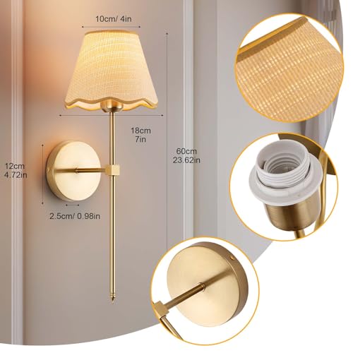 Image of ADISUN Battery Operated Wall Sconce Set of 2, Gold Wall Lamps Rechargeable Bulbs for Living Room, Rattan Shade Wireless Wall Lights for Bedroom Living Room Hallway Kitchen(2 Bulbs Included)