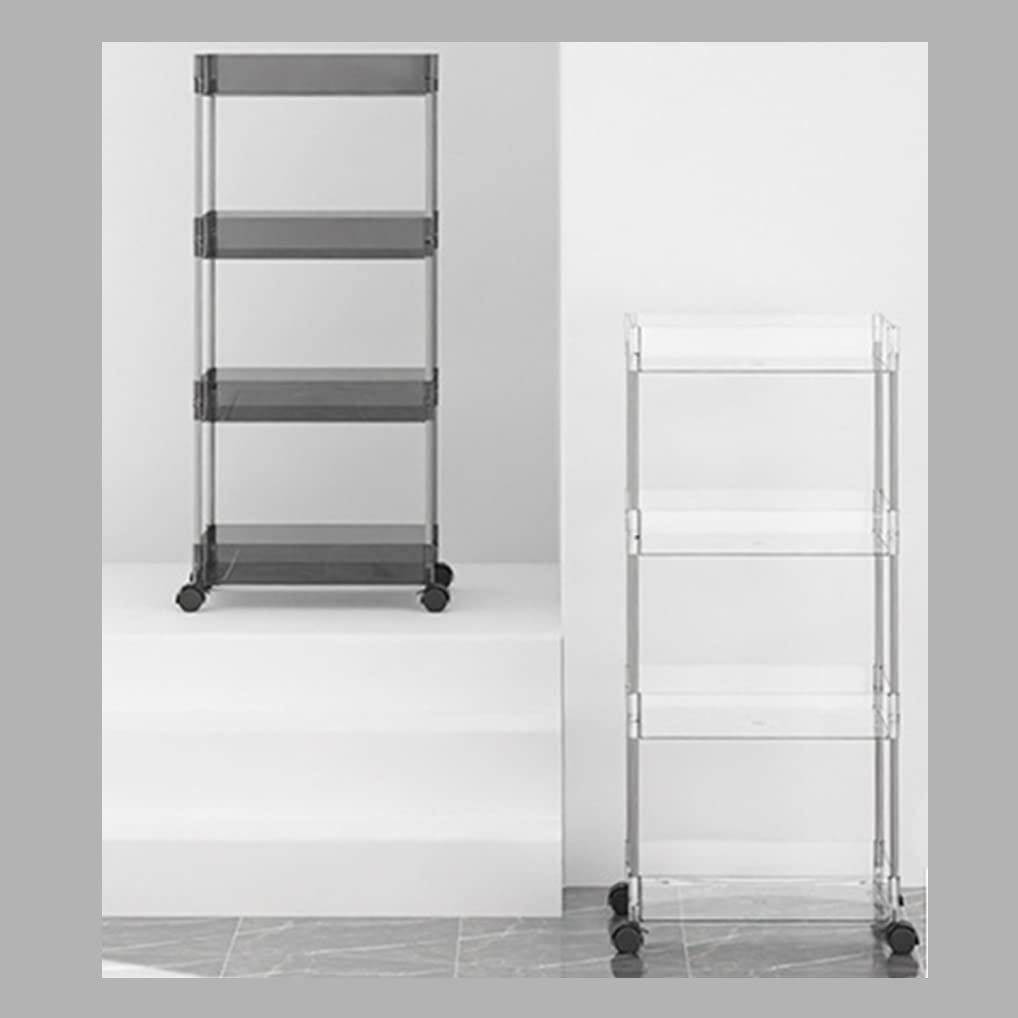 Schmaler Rollwagen – 4-stöckiges Allzweckregal mit feststellbaren Rädern, ausziehbarer Kunststoff-Organizer für Badezimmer, Küche, Waschküche, Büro, transparentes Design