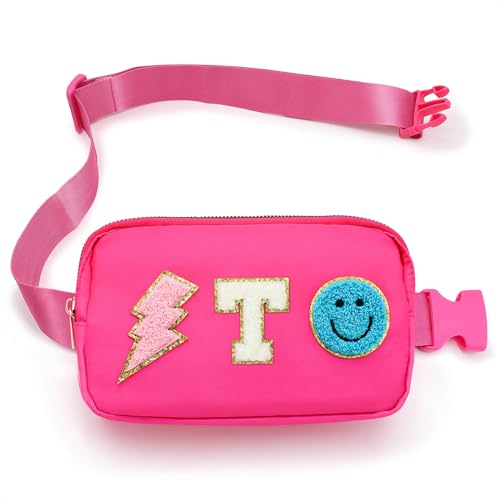 Image of Fanny Pack for Girls Crossbody Bag, Preppy Nylon Kids Belt Bag for Birthday Christmas Graduation Personalized Gifts, Pink Chenille T Letter for Women Teen Girls Fanny Pack