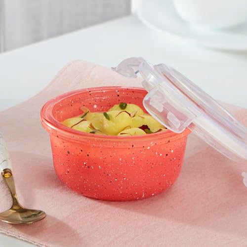 Image of Borosil 240 ml Kube Pink Food Storage Container with Air Tight Lid | Round Shape Borosilicate Glass Organiser | Microwave & Dishwasher Safe | For Fridge, Kitchen Storage