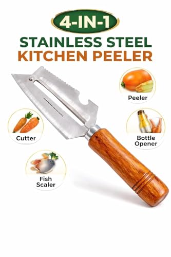 Image of Multi-Functional Stainless Steel Vegetable Peeler with Wooden Handle & Bottle Opener Single Blade Peeler for Fruits & Vegetables Sharp & Easy-Grip Kitchen Tool (4-in-1-peeler(2PCS))