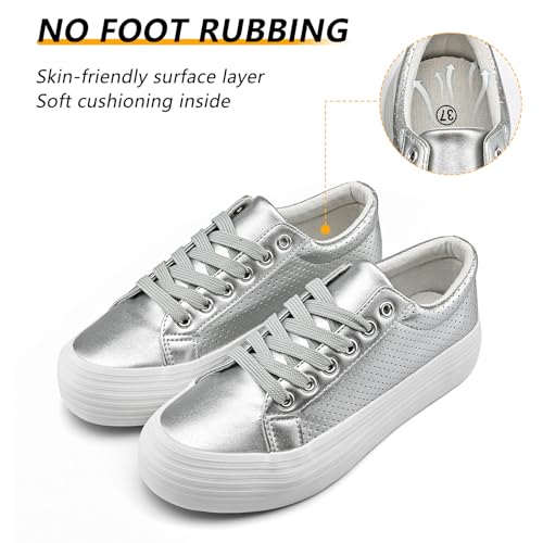 Women's High Platform Fashion Sneakers, White, Breathable, Lace Up, Tennis Shoes, Comfortable, Casual4