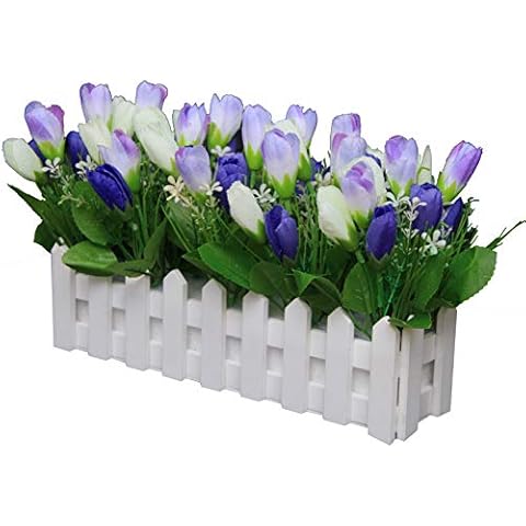 Flikool Artificial Tulips Flowers with Wooden Fence Real Touch Silk Tulips Fake Potted Bonsai Artificial Plants in Pot Home Decoration Ornaments for Wedding Office Table - Blue Cover
