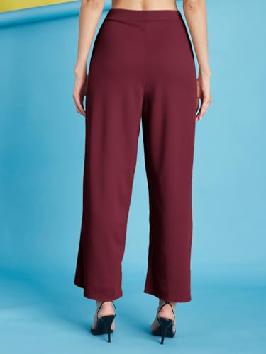 Image of Selvia Women's Solid Ribbed Lycra Elastic Regular Fit Wide-Leg Trouser