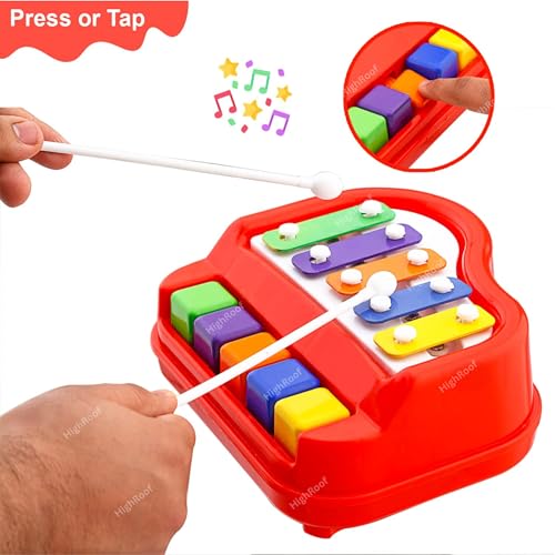 Image of 2 in 1 Piano Xylophone Premium Non Toxic Non-Battery 5 Key Scale Musical Instrument Mini Piano Toy for Kids Toddlers (Color Red)