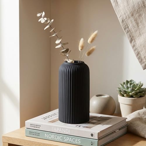 Image of KREATIVE ART'S Modern Ribbed Design Ceramic Flower Vase for Living Room, Flower Pots for Artificial Flower, Home Decoration Item, Home Decor, Vases for Living Room (Black, Medium)