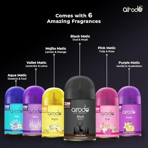 Image of AIRODO Automatic Air Freshener Machine with Refill-(235ml Refill + Machine) Automatic Spray |Oud and Musk |2300 Sprays |3x More Fragrance|Room & Bathroom Automatic Spray (235 ml)