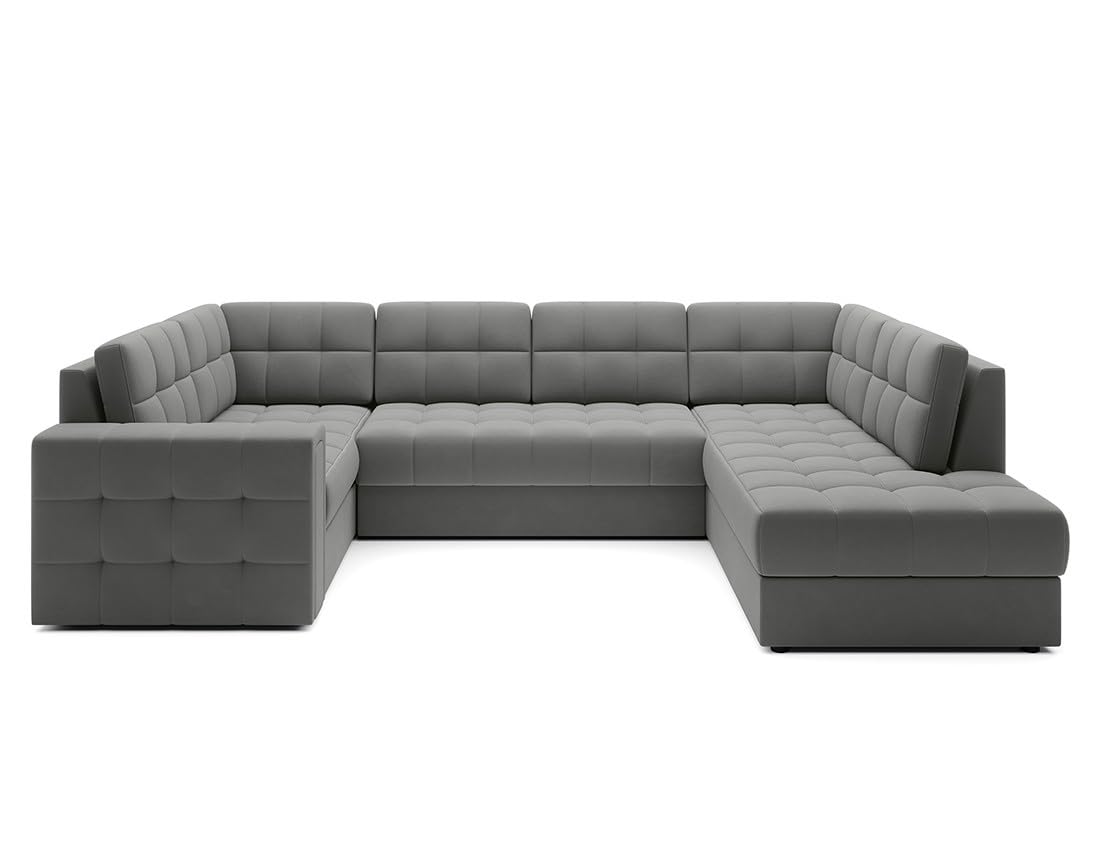 Bestmobilier - Nappa - Canapé panoramique d'angle Gauche 7 Places Convertible avec Coffre en Velours, Gris Clair