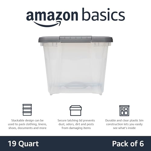 Image of Amazon Basics Plastic Storage Containers with Secure Latching Lids, Stackable Organization Bins, Clear /Grey, 19 Quart, Set of 6