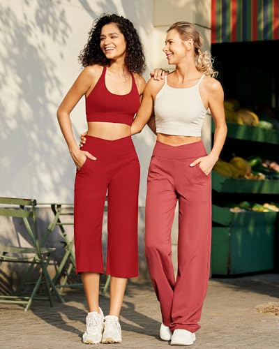 Image of G4Free Capri Pants for Women Wide Leg Yoga Dress Capris with Pockets Cross Loose Casual Work Crop Pants
