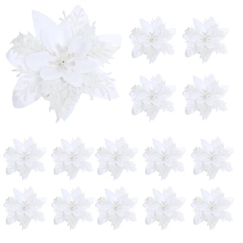 Fumwase 15 flores de Navidad artificiales con purpurina de Pascua con clips y tallos, adornos de Navidad para árbol de Navidad, Año Nuevo, fiesta de boda (blanco)