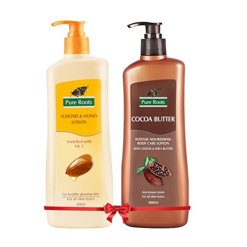 Image of Pure Roots 400ml Each Cocoa Butter & Almond Honey Body Lotion Combo Pack of 2 | Nourishing & Hydrating for Men & Women | Fast Absorbing, Non-Sticky Lotion for All Skin Types - Total 800ml