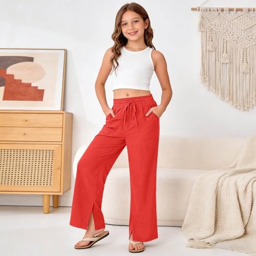 Image of Girls Linen Pants Wide Leg School Uniform Pants Cozy Elastic Waist Summer Casual Beach Lounge Trousers with Pockets