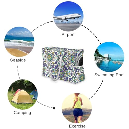 Turquoise Boho Unique Design Portable Tote Bags Women with side pocketes Large Bag for beach&school&work4