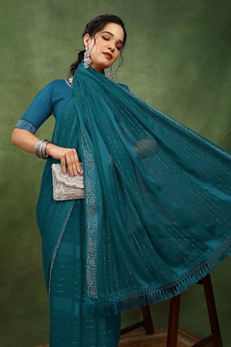 Image of MIRCHI FASHION Saree for Woman Georgette Solid with Satin Stripes | Stone Border Farewell and Ceremonial Sari with Blouse Piece
