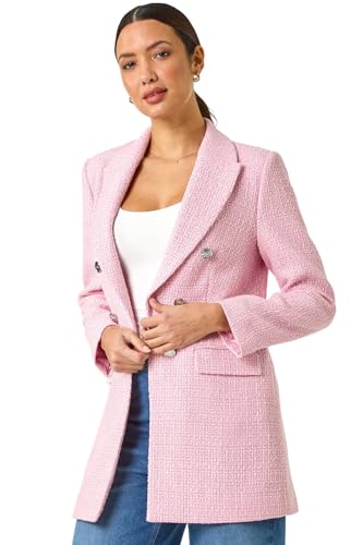 Roman Boucle Blazer for Women UK Ladies Frayed Edge Tailored Longline Rever Collar Jacket Lapel Stretch Smart Office Work Party Night Going Out Lined Classic - Pink - Size 12