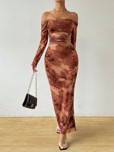 Image of LIGHT DOT Women's Printed Off Shoulder Maxi Dress Long Sleeve Bodycon Ruched Mesh Cocktail Dress